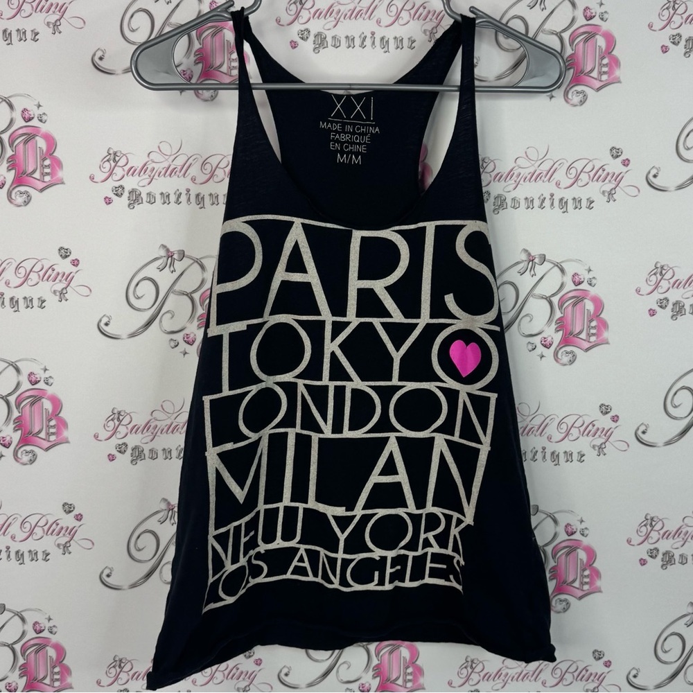 Forever 21 tank top Paris Tokyo heart pink Black City Graphic Tank Top